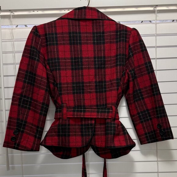 Forever Women's vintage red/black wool blend plaid peplum festive jacket; size S - Picture 2 of 5